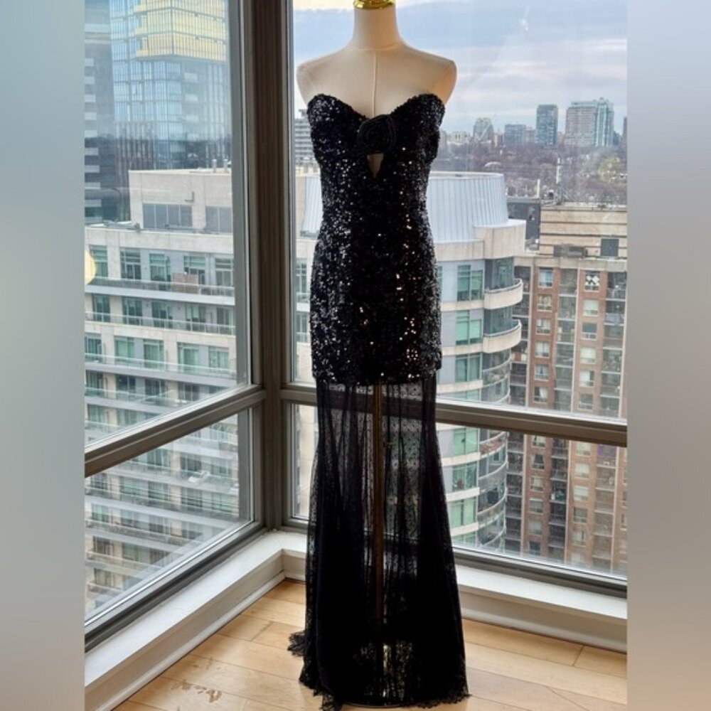 🆕REBECCA VALLANCE 🧿 NWOT Diana Black Sequined Mesh Trimmed Gown Sz AU 14 US 10 - Picture 3 of 16